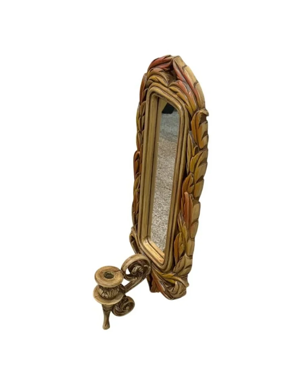 Vintage 80s Burwood Homco Brown Leaf Mirrored Wall Sconce Candle Holder